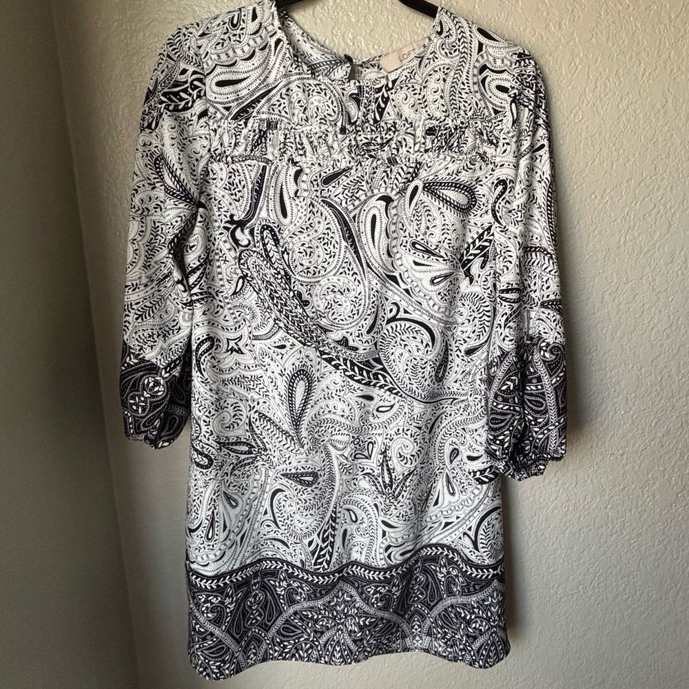 Ann Taylor Loft Long Sleeve Chiffon Shift Dress Women's XS Black White Paisley